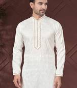 White pure silk with embroidery work kurta pyjama for mens wear