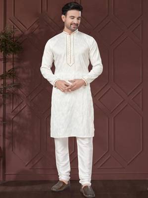 White pure silk with embroidery work kurta pyjama for mens wear 3
