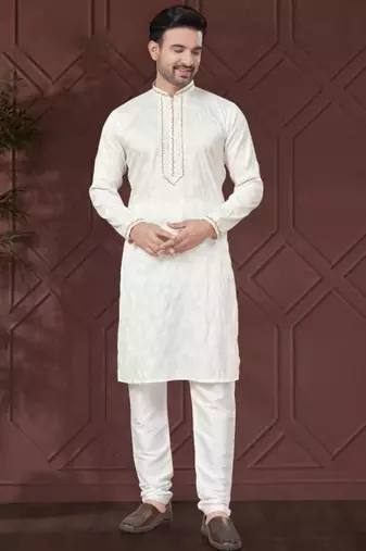 White pure silk with embroidery work kurta pyjama for mens wear