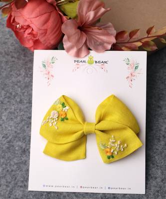 Yellow plain linen hair bow 3