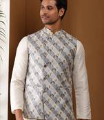 Men's 3-piece ethnic set     blue & beige printed nehru jacket with cream kurta pajama and Nehru jacket