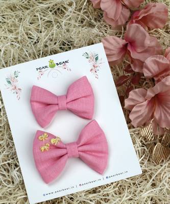 Pink plain linen hair bow 1