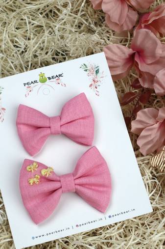 Pink plain linen hair bow