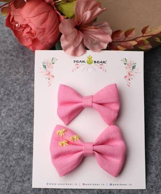 Pink plain linen hair bow 2