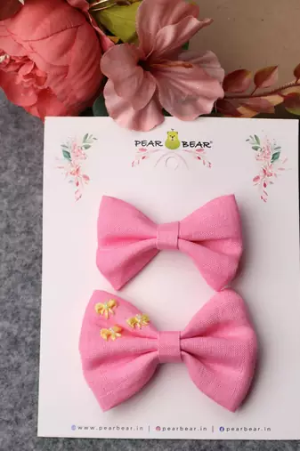 Pink plain linen hair bow