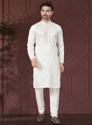 White pure silk with embroidery work kurta pyjama for mens wear 1