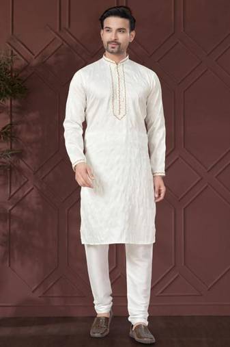 White pure silk with embroidery work kurta pyjama for mens wear