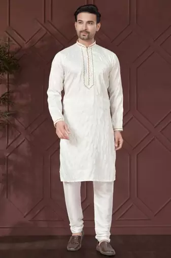 White pure silk with embroidery work kurta pyjama for mens wear