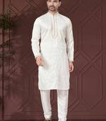 White pure silk with embroidery work kurta pyjama for mens wear