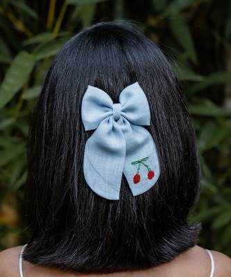 Blue plain linen hair bow 1