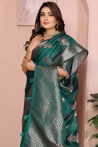Emerald Green Color Party Wear Organza Silk Saree