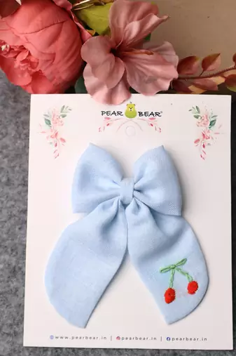 Blue plain linen hair bow