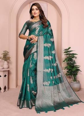 Emerald Green Color Party Wear Organza Silk Saree 2
