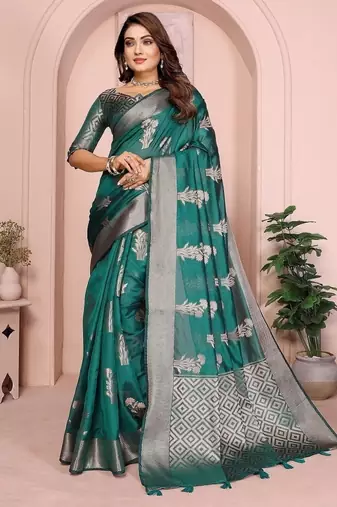 Emerald Green Color Party Wear Organza Silk Saree