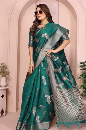 Emerald Green Color Party Wear Organza Silk Saree