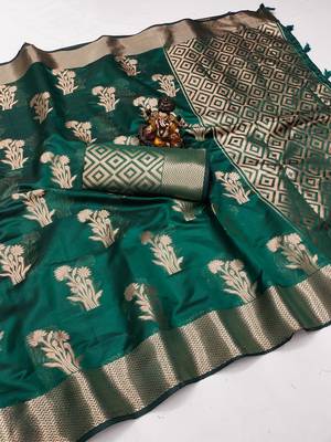 Emerald Green Color Party Wear Organza Silk Saree 5