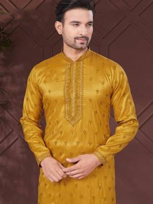 Yellow pure silk with embroidery work kurta pyjama for mens wear 2