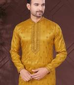 Yellow pure silk with embroidery work kurta pyjama for mens wear