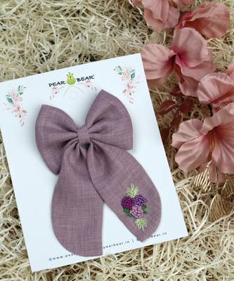 Pink plain linen hair bow 2