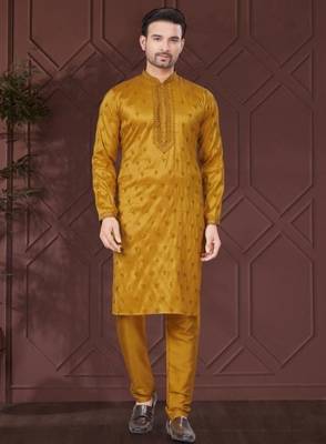 Yellow pure silk with embroidery work kurta pyjama for mens wear 3