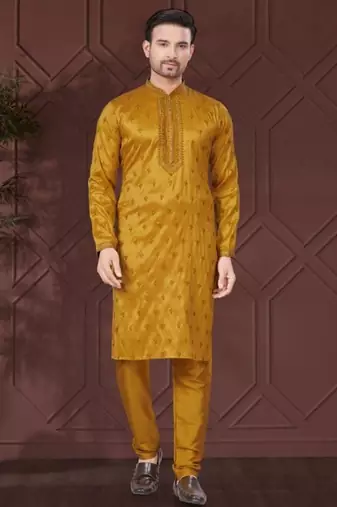 Yellow pure silk with embroidery work kurta pyjama for mens wear