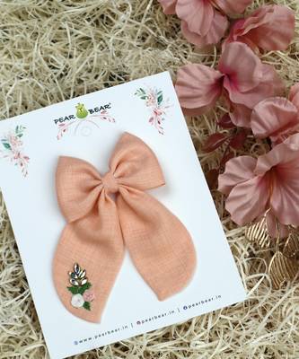 Pink plain linen hair bow 2