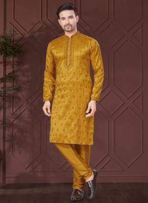 Yellow pure silk with embroidery work kurta pyjama for mens wear 1