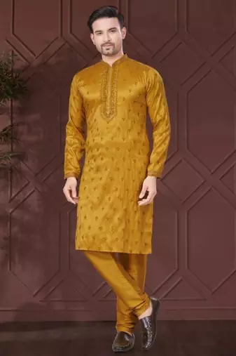 Yellow pure silk with embroidery work kurta pyjama for mens wear