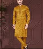Yellow pure silk with embroidery work kurta pyjama for mens wear