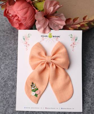 Pink plain linen hair bow 3