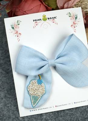 Blue plain linen hair bow 1