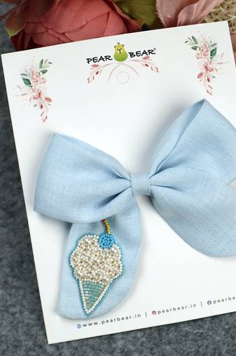 Blue plain linen hair bow