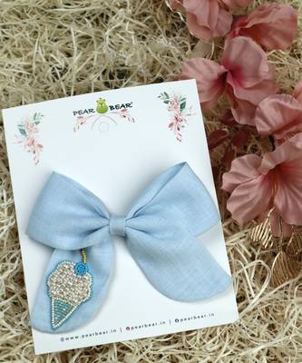 Blue plain linen hair bow 2