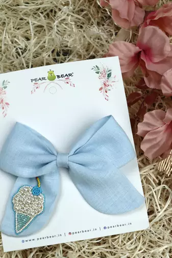 Blue plain linen hair bow