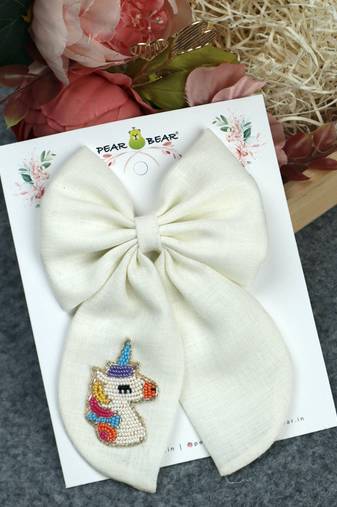 White plain linen hair bow