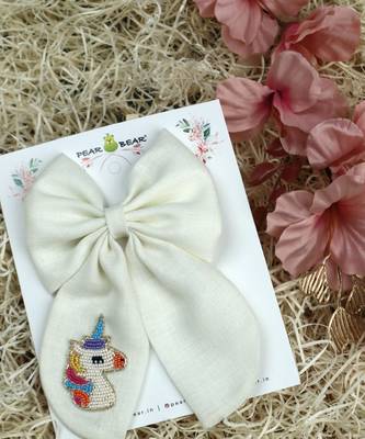 White plain linen hair bow 2
