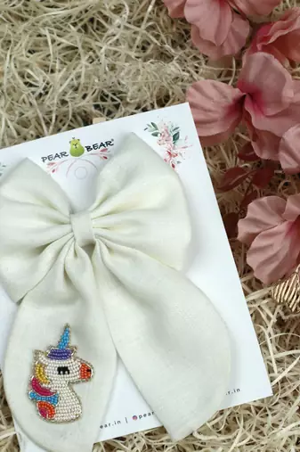 White plain linen hair bow
