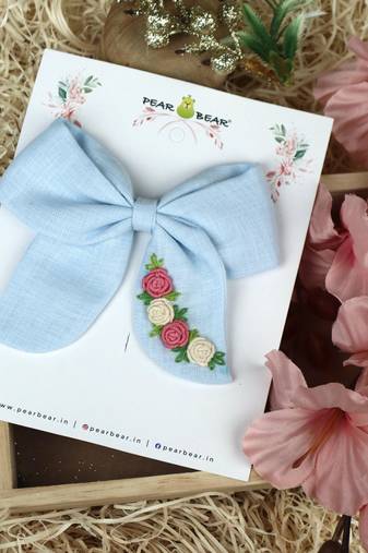 Blue plain linen hair bow