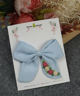 Blue plain linen hair bow 2