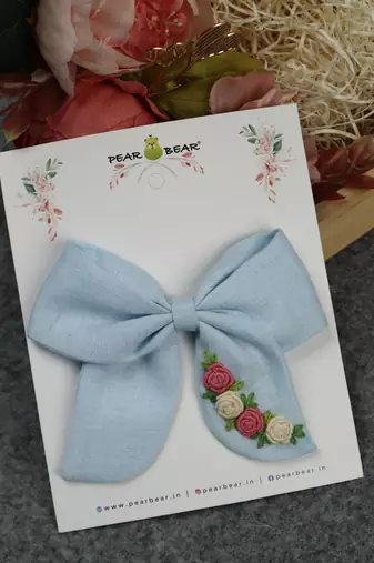Blue plain linen hair bow