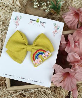 Yellow pearl linen hair bow 1