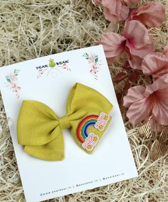 Yellow pearl linen hair bow 2