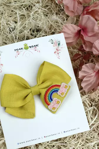 Yellow pearl linen hair bow