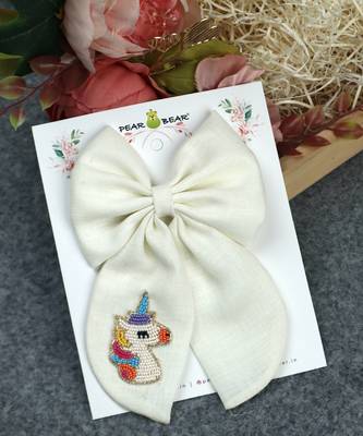 White pearl linen hair bow 1
