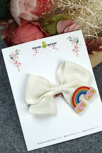 White pearl linen hair bow