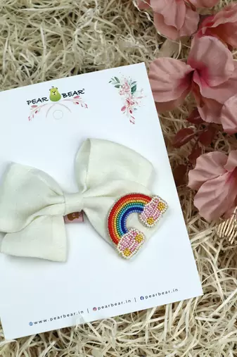 White pearl linen hair bow