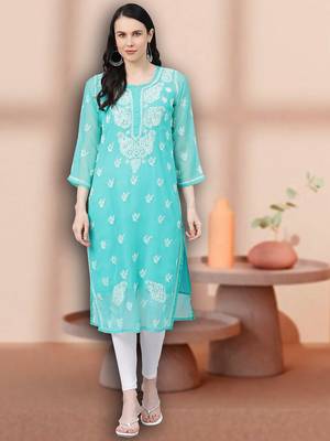 Hand embroidered sea green georgette lucknowi chikankari straight kurta with slip 1