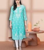 Hand embroidered sea green georgette lucknowi chikankari straight kurta with slip