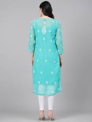 Hand embroidered sea green georgette lucknowi chikankari straight kurta with slip 2