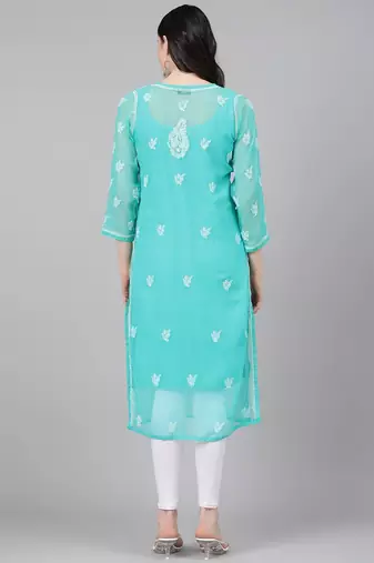 Hand embroidered sea green georgette lucknowi chikankari straight kurta with slip